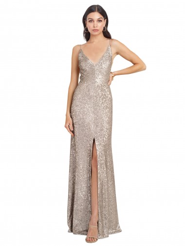 Argent Fourreau Col V Paillette Paillettes Scintillantes Longue Formelles Robes demoiselle d'honneur / Robes de soirée / Robes de bal Pas Cher