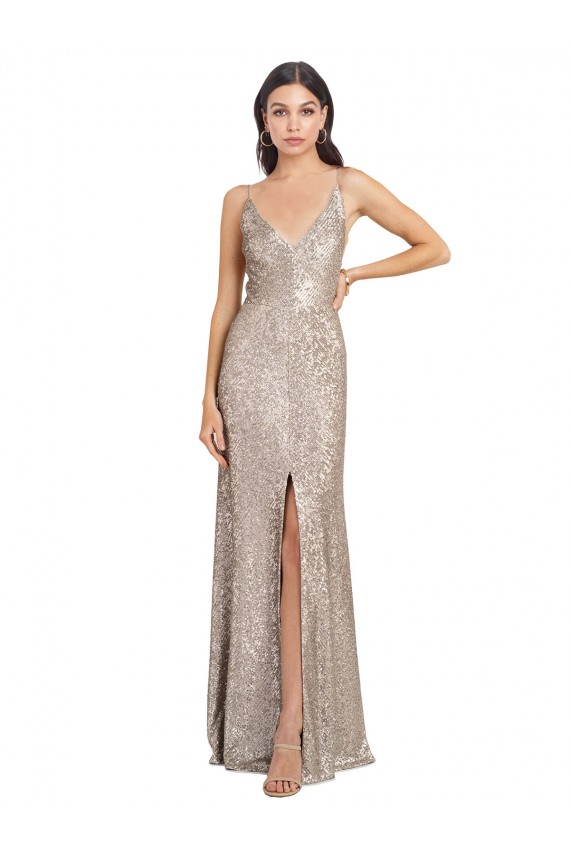 Argent Fourreau Col V Paillette Paillettes Scintillantes Longue Formelles Robes demoiselle d'honneur / Robes de soirée / Robes de bal Pas Cher