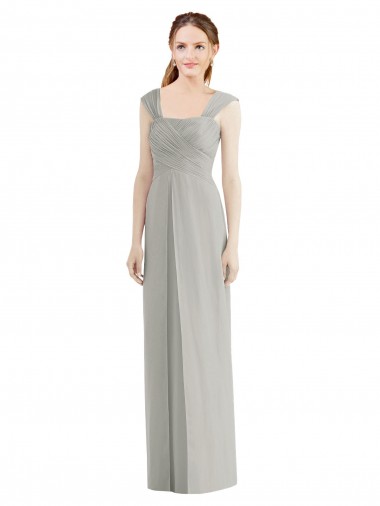 Argent Trapèze Bateau Mousseline Longue Robes demoiselle d'honneur Pas Cher