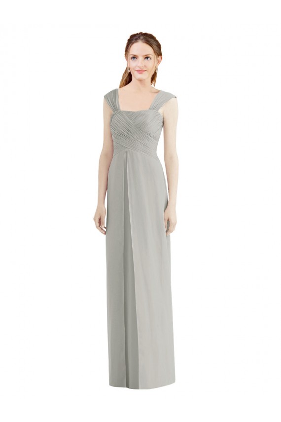 Argent Trapèze Bateau Mousseline Longue Robes demoiselle d'honneur Pas Cher