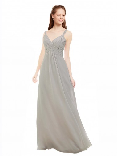 Argent Trapèze Bretelles spaghetti Col V Mousseline Longue Robes demoiselle d'honneur Pas Cher