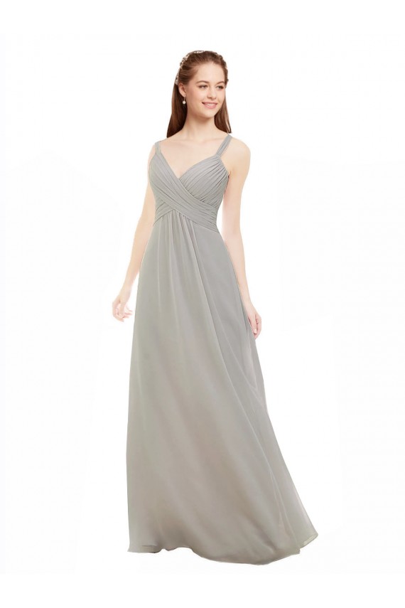 Argent Trapèze Bretelles spaghetti Col V Mousseline Longue Robes demoiselle d'honneur Pas Cher