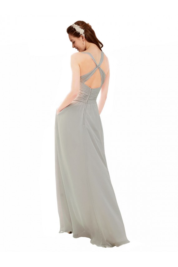 Argent Trapèze Bretelles spaghetti Col V Mousseline Longue Robes demoiselle d'honneur Pas Cher