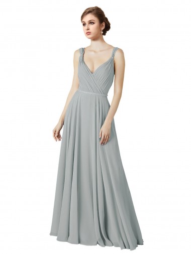 Argent Trapèze Col V Mousseline Longue Robes demoiselle d'honneur Pas Cher
