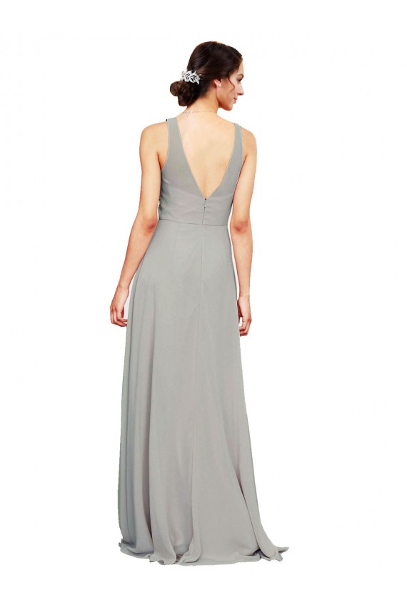 Argent Trapèze Col V Mousseline Longue Robes demoiselle d'honneur Pas Cher