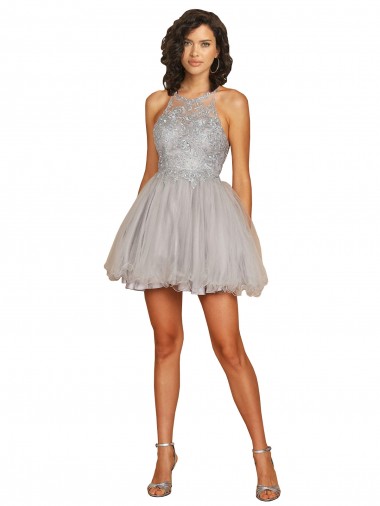 Argent Trapèze Licou Courte Tulle Courte Robes demoiselle d'honneur / Robes de cocktail Pas Cher