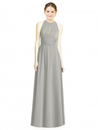 Argent Trapèze Licou Mousseline Longue Robes demoiselle d'honneur Pas Cher
