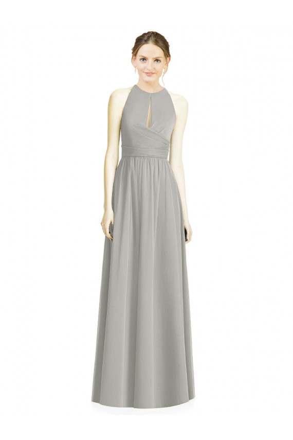 Argent Trapèze Licou Mousseline Longue Robes demoiselle d'honneur Pas Cher