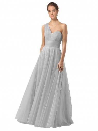 Argent Trapèze Tulle Longue Robes demoiselle d'honneur Pas Cher