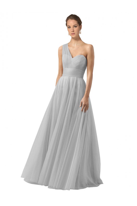Argent Trapèze Tulle Longue Robes demoiselle d'honneur Pas Cher