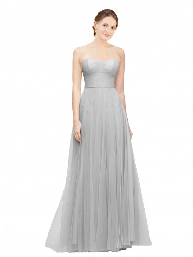 Argent Trapèze Tulle Longue Robes demoiselle d'honneur Pas Cher