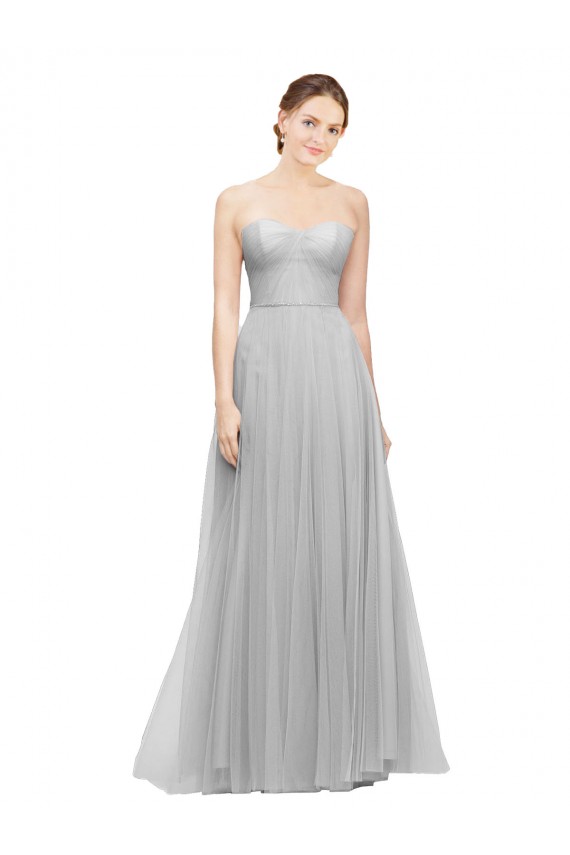 Argent Trapèze Tulle Longue Robes demoiselle d'honneur Pas Cher