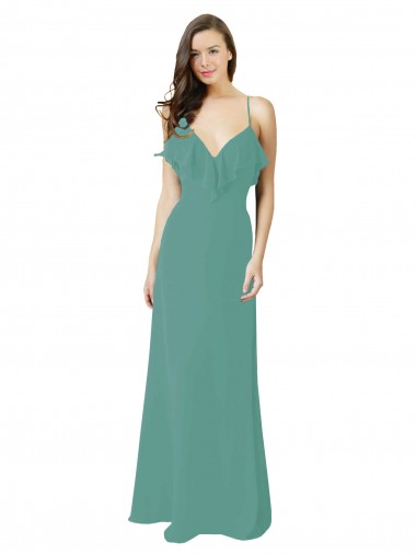 Argent islandais Trapèze Bretelles spaghetti Col V Mousseline Longue Robes demoiselle d'honneur Pas Cher