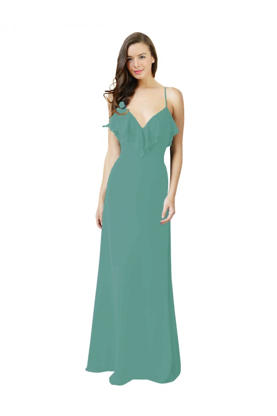 Argent islandais Trapèze Bretelles spaghetti Col V Mousseline Longue Robes demoiselle d'honneur Pas Cher