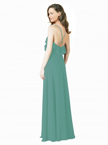 Argent islandais Trapèze Bretelles spaghetti Col V Mousseline Longue Robes demoiselle d'honneur