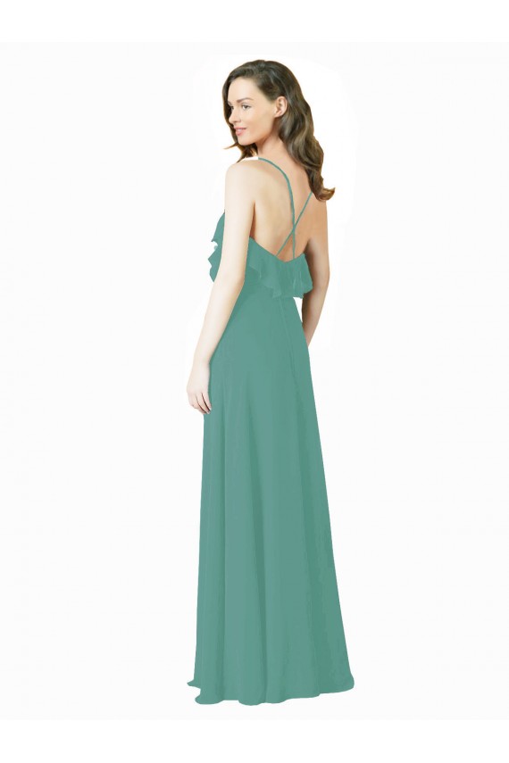 Argent islandais Trapèze Bretelles spaghetti Col V Mousseline Longue Robes demoiselle d'honneur Pas Cher