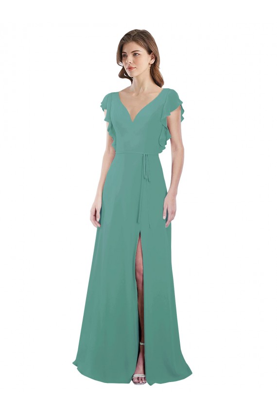 Argent islandais Trapèze Col V Mousseline Longue Robes demoiselle d'honneur Pas Cher
