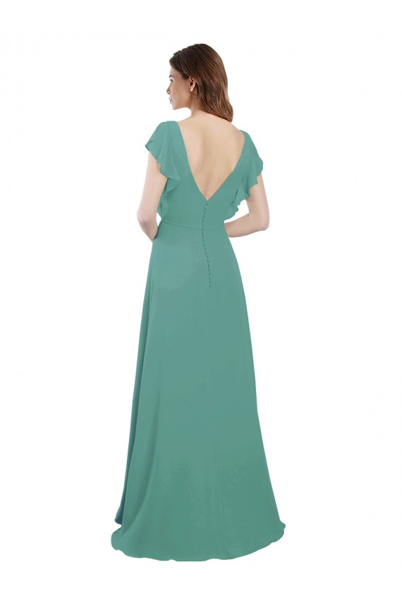 Argent islandais Trapèze Col V Mousseline Longue Robes demoiselle d'honneur Pas Cher