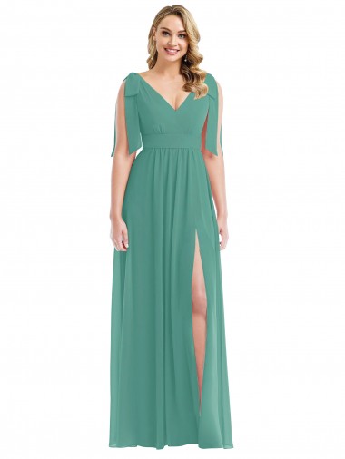 Argent islandais Trapèze Col V Mousseline Longue Robes demoiselle d'honneur Pas Cher