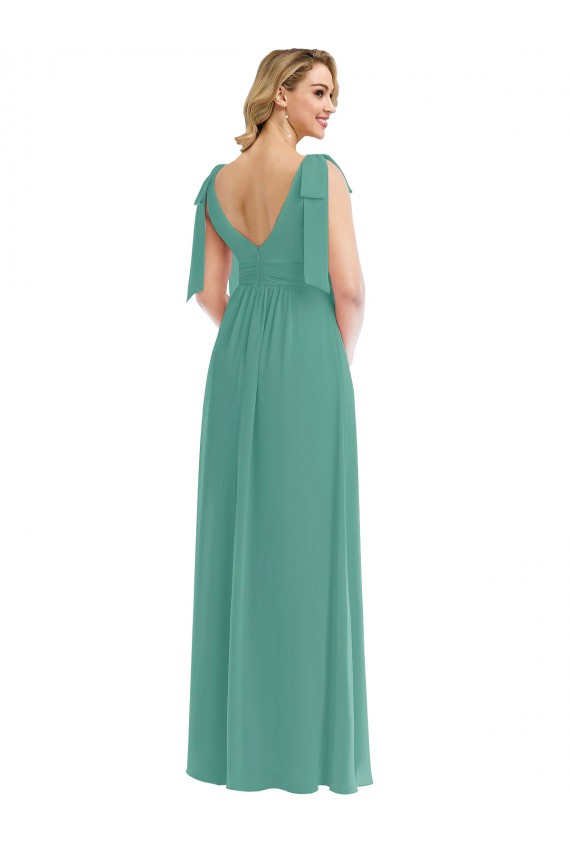 Argent islandais Trapèze Col V Mousseline Longue Robes demoiselle d'honneur Pas Cher