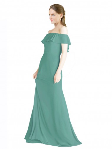 Argent islandais Trapèze Épaule Dénudée Mousseline Longue Robes demoiselle d'honneur Pas Cher