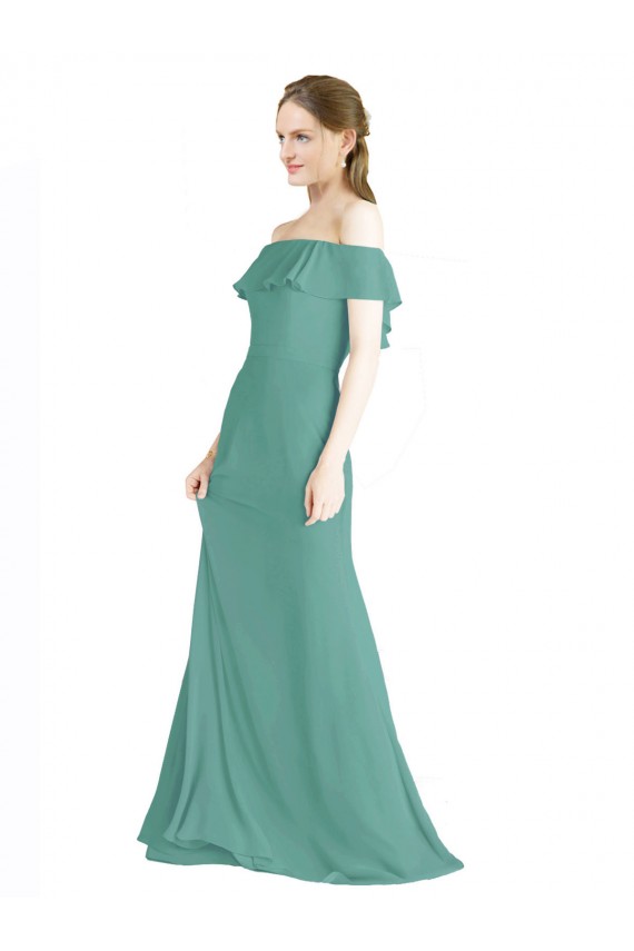 Argent islandais Trapèze Épaule Dénudée Mousseline Longue Robes demoiselle d'honneur Pas Cher