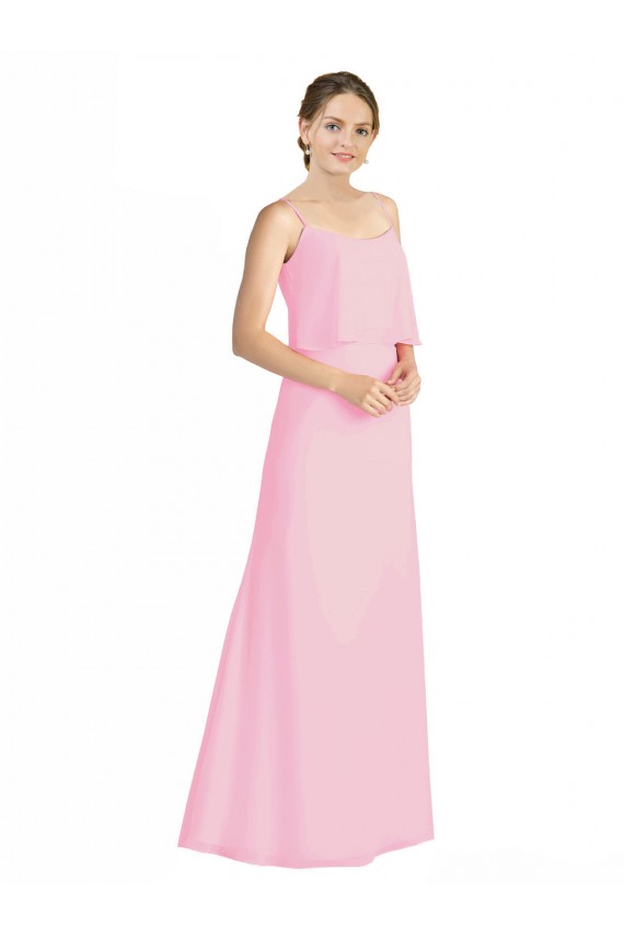 Barely Rose Trapèze Bretelles spaghetti Mousseline Longue Robes demoiselle d'honneur Pas Cher