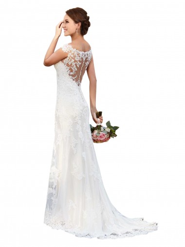 Blanc Fourreau Bateau Illusion Dentelle Robes de mariée Pas Cher