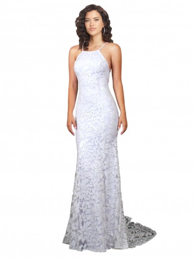 Blanc Fourreau Col Haut Balayage train Dentelle Robes de mariée Pas Cher