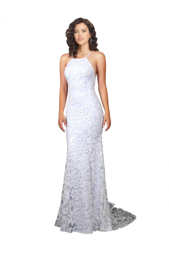 Blanc Fourreau Col Haut Balayage train Dentelle Robes de mariée Pas Cher