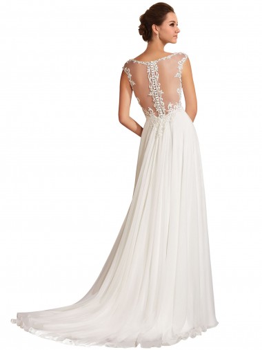 Blanc Fourreau Col V Mousseline Dentelle Robes de mariée