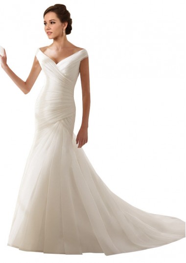 Blanc Fourreau Épaule Dénudée Tulle Robes de mariée Pas Cher