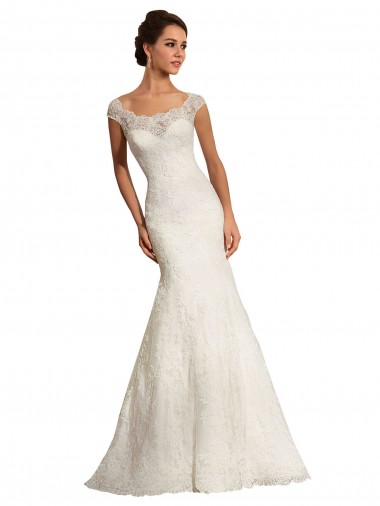 Blanc Sirène Bateau Dentelle Robes de mariée Pas Cher