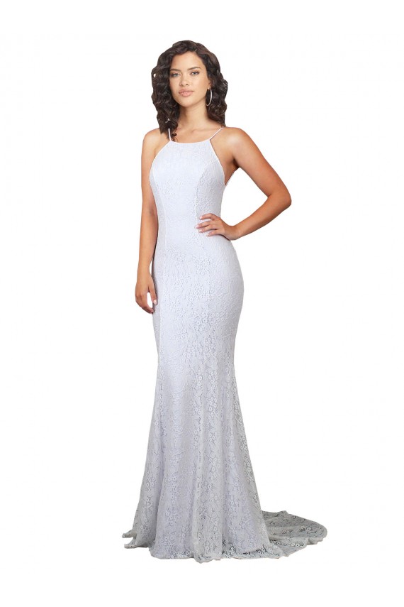 Blanc Sirène Col Haut Balayage train Dentelle Robes de mariée Pas Cher