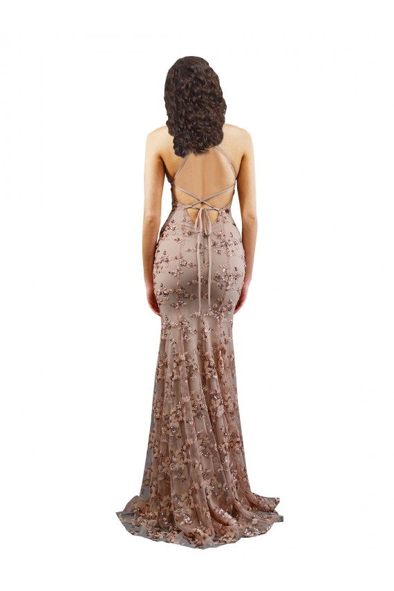 Or rose Sirène Col V Crêpe Stretch Paillette Tulle Longue Formelles Robes demoiselle d'honneur / Robes de soirée / Robes de bal Pas Cher