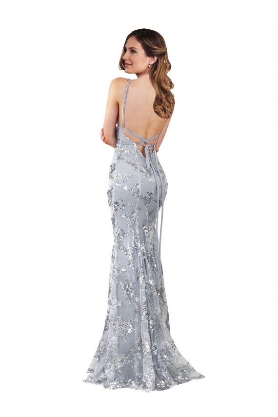 Argent Sirène Col V Crêpe Stretch Paillette Tulle Longue Formelles Robes demoiselle d'honneur / Robes de soirée / Robes de bal Pas Cher