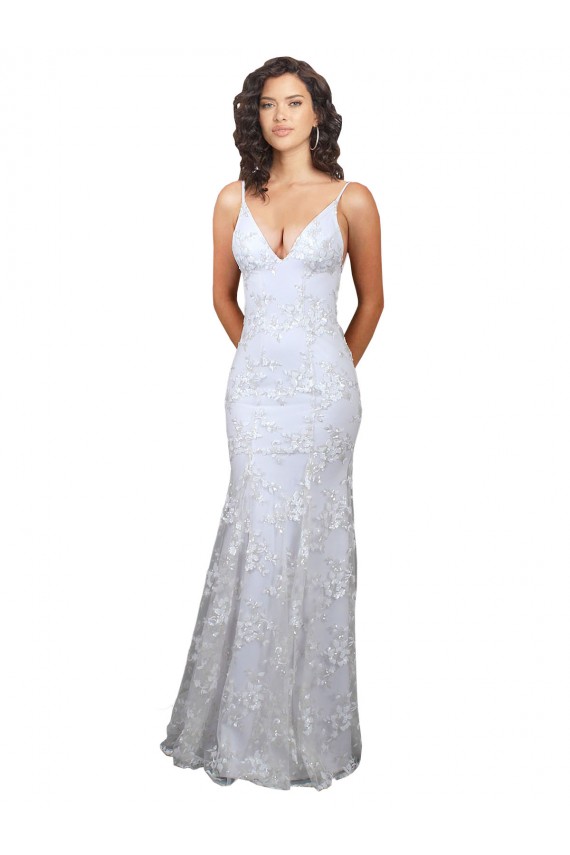 Blanc Sirène Col V Crêpe Stretch Paillette Tulle Longue Formelles Robes demoiselle d'honneur / Robes de soirée / Robes de bal Pas Cher