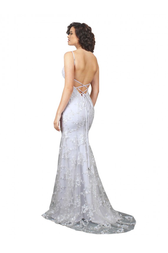 Blanc Sirène Col V Crêpe Stretch Paillette Tulle Longue Formelles Robes demoiselle d'honneur / Robes de soirée / Robes de bal Pas Cher