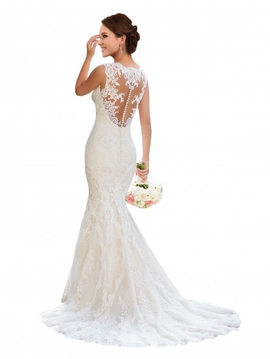 Blanc Sirène Col V Dentelle Robes de mariée Pas Cher