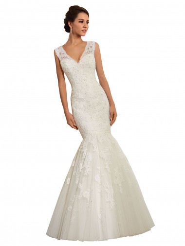 Blanc Sirène Col V Tulle Dentelle Robes de mariée Pas Cher