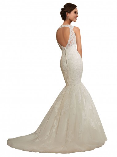 Blanc Sirène Col V Tulle Dentelle Robes de mariée