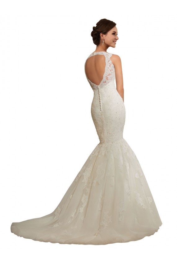 Blanc Sirène Col V Tulle Dentelle Robes de mariée Pas Cher