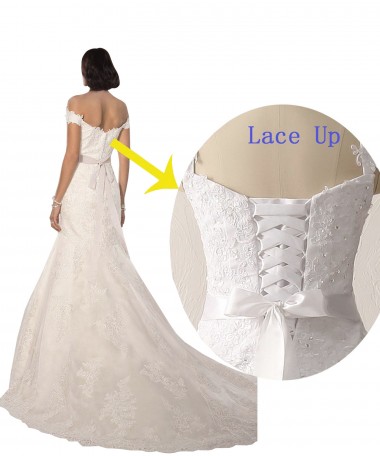 Blanc Sirène Épaule Dénudée Dentelle Plage Robes de mariée