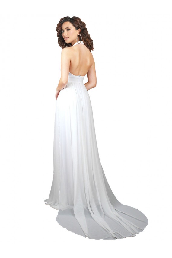Blanc Trapèze Col V Balayage train Mousseline Simple Plage Robes de mariée Pas Cher