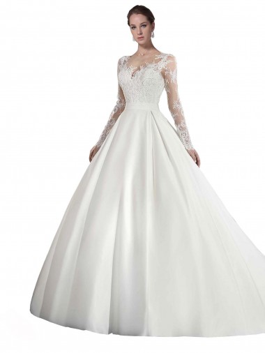 Blanc Trapèze Illusion Traîne cathédrale Satiné Dentelle Robes de mariée Pas Cher