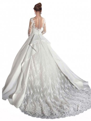 Blanc Trapèze Illusion Traîne cathédrale Satiné Dentelle Robes de mariée