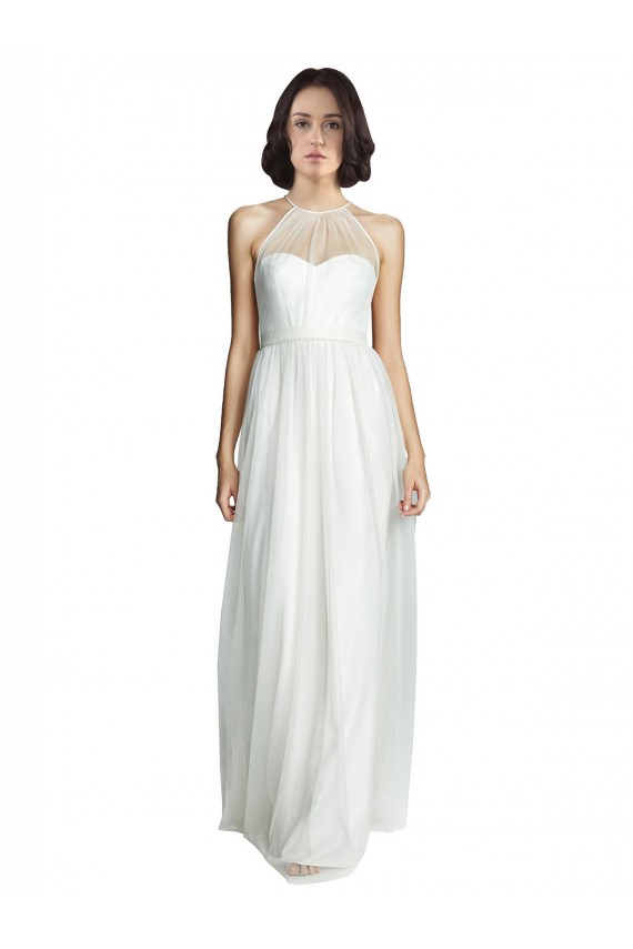 Blanc Trapèze Licou Col Haut Tulle Longue Robes demoiselle d'honneur Pas Cher