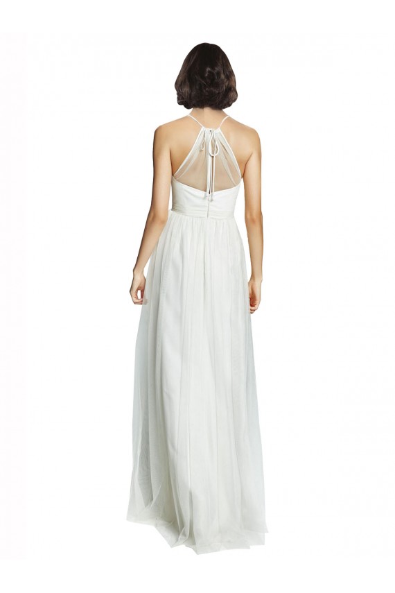 Blanc Trapèze Licou Col Haut Tulle Longue Robes demoiselle d'honneur Pas Cher