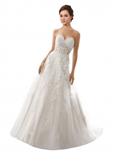 Blanc Trapèze Tulle Dentelle Robes de mariée Pas Cher
