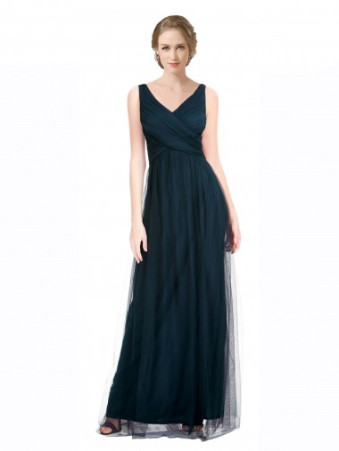 Bleu 7 Trapèze Col V Tulle Longue Robes demoiselle d'honneur Pas Cher